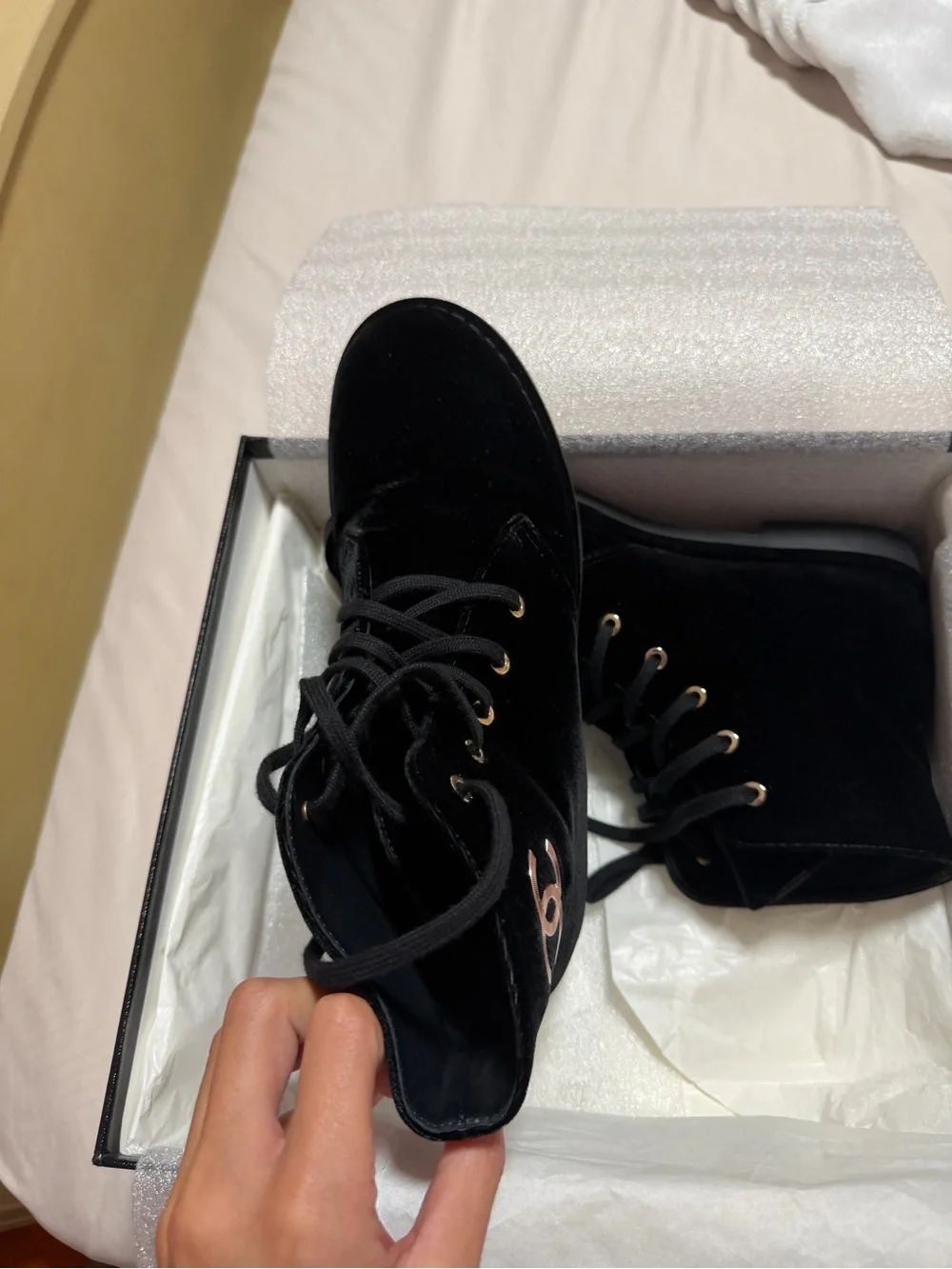AUTHENTIC Chanel Black Velvet Lace-Up Ankle Short Boots